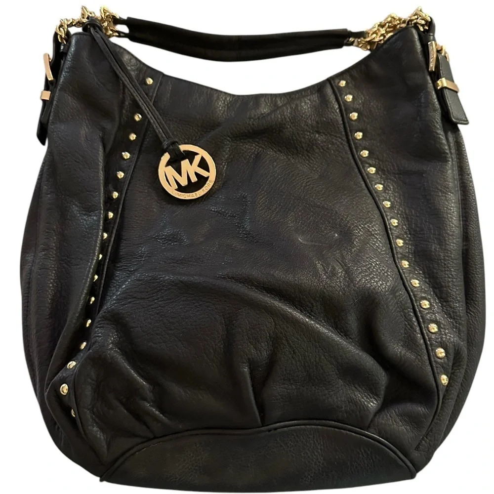 Michael Kors Black Leather Shoulder Bag with Gold Tone Accents - Picture 3 of 14